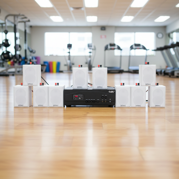 Loa treo tường thông báo phát nhạc nền tự động Gold4cafe 10.0 bản màu trắng (01 amply + 10 loa), Amply 1200w - 2 vùng âm lượng, loa được thiết kế riêng cho quán, bật lớn không tạp âm, bảo hành dài hạn 5 năm.