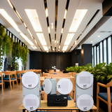 Loa âm trần thông báo, phát nhạc nền tự động: A907 Goldsound 2 vùng âm lượng 900w + 8 loa âm trần Goldsound VAT28 28w, loa được thiết kế riêng cho quán, bật lớn không tạp âm, miễn phí công lắp đặt, bảo hành dài hạn 5 năm