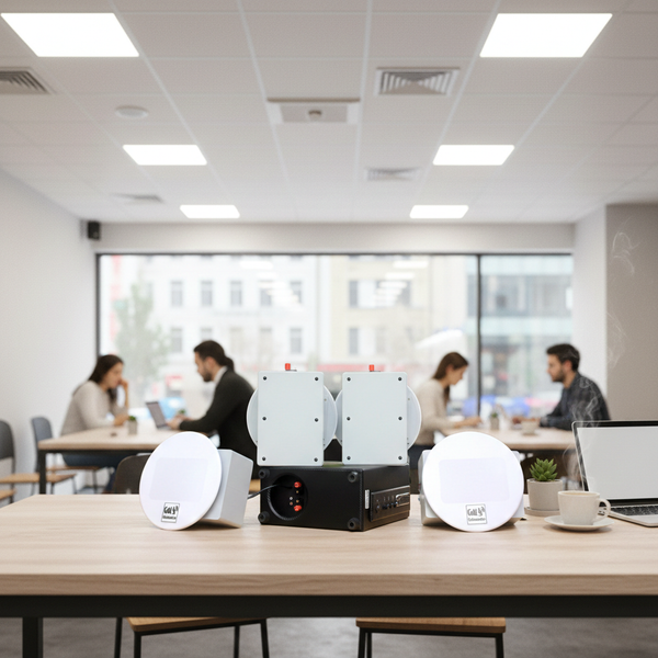 Loa âm trần thông báo, phát nhạc nền: Âm ly A155 + 4 VAT38, loa được thiết kế riêng cho quán, bật lớn không tạp âm, miễn phí công lắp đặt, bảo hành dài hạn 5 năm.