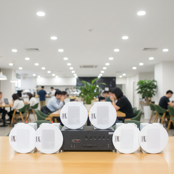 Loa âm trần thông báo, phát nhạc nền tự động: A384-6K Goldsound 6 vùng âm lượng 1200w + 6 loa âm trần Goldsound VAT38 38w, Amply 4 - 6 vùng âm lượng, loa được thiết kế riêng cho quán, bật lớn không tạp âm, miễn phí công lắp đặt, bảo hành dài hạn 5 năm.