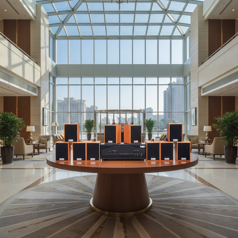 Loa thông báo phát nhạc nền tự động Gold4cafe 10.0 màu vân gỗ đỏ (10 loa + 1 amply), Amply 1200w - 2 vùng âm lượng, loa được thiết kế riêng cho quán, bật lớn không tạp âm, bảo hành dài hạn 5 năm