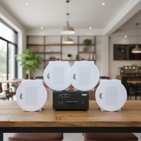 Dàn loa âm trần thông báo, phát nhạc nền tự động: A154PU Goldsound 150w + 4 loa âm trần Goldsound VAT38 - 38w, loa được thiết kế riêng cho quán, bật lớn không tạp âm, miễn phí công lắp đặt, bảo hành dài hạn 5 năm.