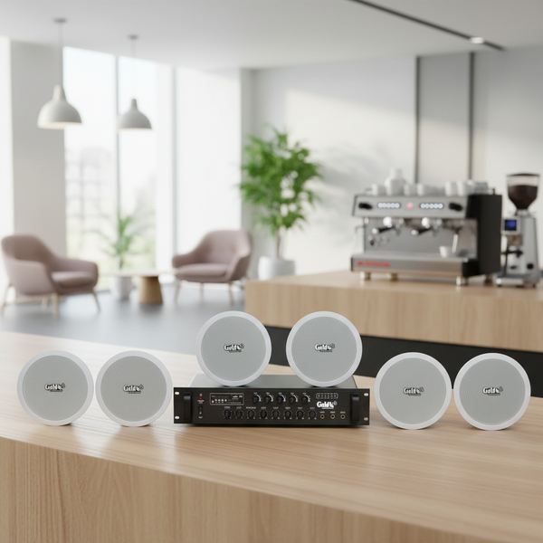 Dàn loa âm trần thông báo, phát nhạc nền tự động: A550F Goldsound 5 vùng âm lượng 550w + 6 loa âm trần VAT13, loa được thiết kế riêng cho quán, bật lớn không tạp âm, miễn phí công lắp đặt, bảo hành dài hạn 12 tháng