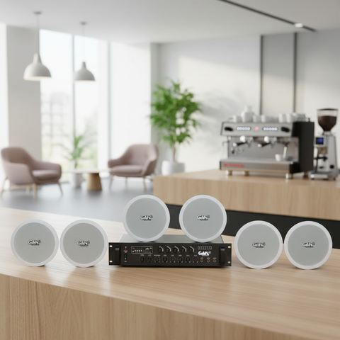 Dàn loa âm trần thông báo, phát nhạc nền tự động: A550F Goldsound 5 vùng âm lượng 550w + 6 loa âm trần VAT13, loa được thiết kế riêng cho quán, bật lớn không tạp âm, miễn phí công lắp đặt, bảo hành dài hạn 12 tháng