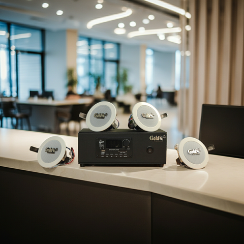 Dàn loa âm trần thông báo, phát nhạc nền tự động: A2.0PU Goldsound 60w + 4 loa âm trần VAT8, loa được thiết kế riêng cho quán, bật lớn không tạp âm, miễn phí công lắp đặt, bảo hành dài hạn 12 tháng