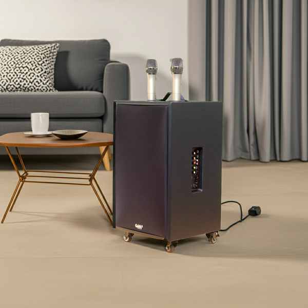 Loa di động D220PU - MI, công suất 220w, pin 4 - 6 tiếng, kèm 2 Micro, 1 bass, 1 treble, bluetooth 5.0, cổng rca, khe usb, thiết kế loa thùng gỗ, cao 57.25 cm, rộng 35.5 cm, sâu 36 cm. Bảo hành 12 tháng