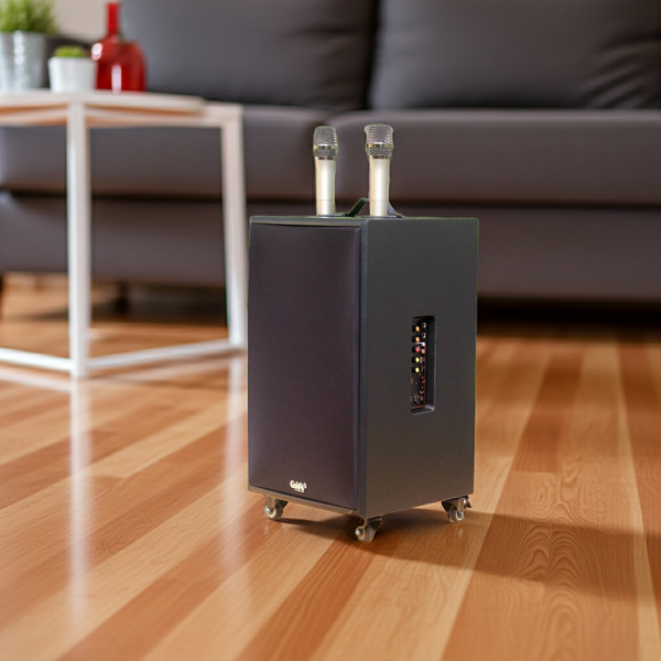 Loa di động D220PU - MI, công suất 220w, pin 4 - 6 tiếng, kèm 2 Micro, 1 bass, 1 treble, bluetooth 5.0, cổng rca, khe usb, thiết kế loa thùng gỗ, cao 57.25 cm, rộng 35.5 cm, sâu 36 cm. Bảo hành 12 tháng