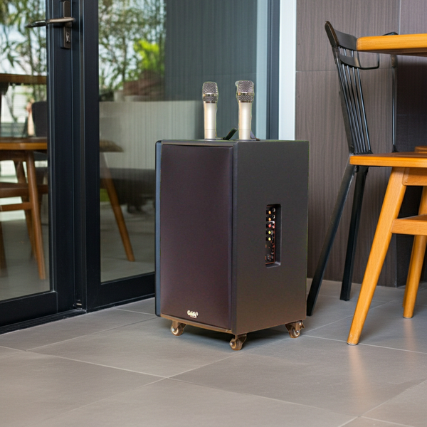 Loa di động D220PU - MI, công suất 220w, pin 4 - 6 tiếng, kèm 2 Micro, 1 bass, 1 treble, bluetooth 5.0, cổng rca, khe usb, thiết kế loa thùng gỗ, cao 57.25 cm, rộng 35.5 cm, sâu 36 cm. Bảo hành 12 tháng