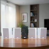 Dàn loa treo tường thông báo phát nhạc nền tự động: Amply A384 + 4 V70C, Amply hai vùng âm lượng, loa được thiết kế riêng cho quán, bật lớn không tạp âm, bảo hành dài hạn 5 năm.