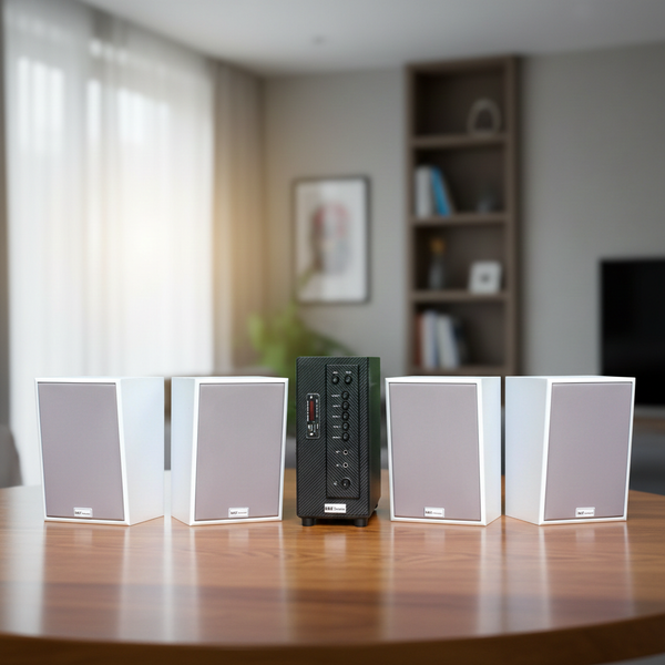 Dàn loa treo tường thông báo phát nhạc nền tự động: Amply A384 + 4 V70C, Amply hai vùng âm lượng, loa được thiết kế riêng cho quán, bật lớn không tạp âm, bảo hành dài hạn 5 năm.