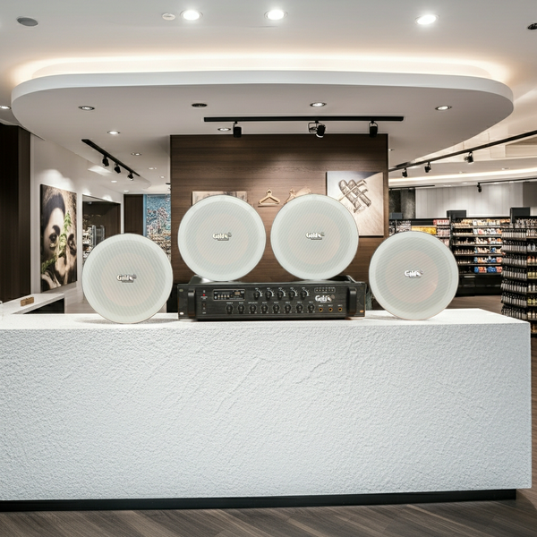 Dàn loa âm trần thông báo, phát nhạc nền tự động: A550F Goldsound 5 vùng âm lượng 550w + 4 loa âm trần VAT27, loa được thiết kế riêng cho quán, bật lớn không tạp âm, miễn phí công lắp đặt, bảo hành dài hạn 12 tháng