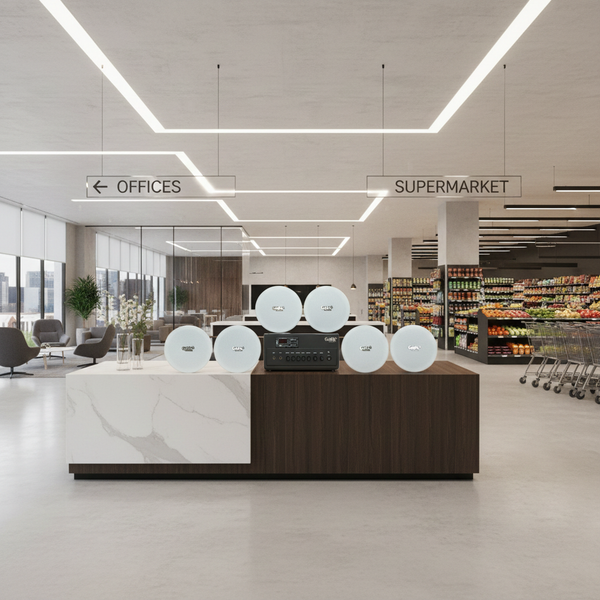 Dàn loa âm trần thông báo, phát nhạc nền tự động: A384PU-2K Goldsound 2 vùng âm lượng 380w + 6 loa âm trần VAT14, loa được thiết kế riêng cho quán, bật lớn không tạp âm, miễn phí công lắp đặt, bảo hành dài hạn 12 tháng