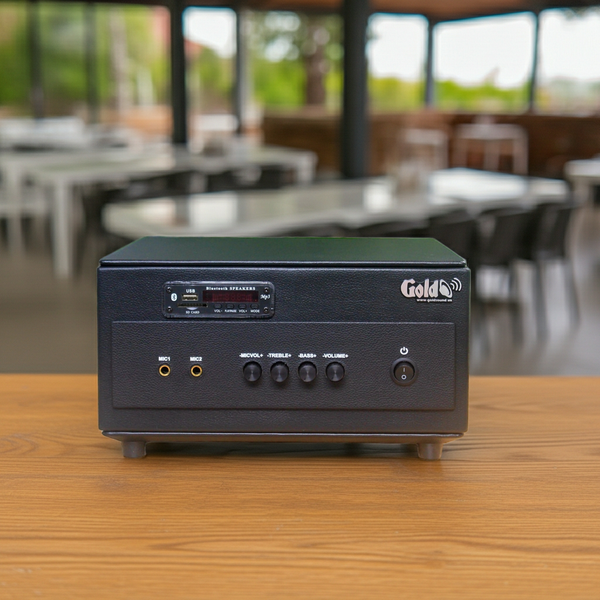 Dàn loa thông báo phát nhạc nền tự động: 1 Amply A154PU Goldsound 150w + 4 loa Goldsound V25c - 25w, loa được thiết kế riêng cho quán, bật lớn không tạp âm, miễn phí công lắp đặt, bảo hành dài hạn 5 năm.