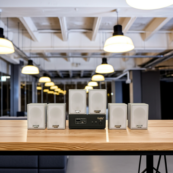 Dàn loa không dây treo tường, Loa thông báo, loa phát nhạc tự động: 01 amply A57 Goldsound + 6 loa không dây Goldsound V27 - 27w