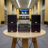 Dàn loa treo tường: Amply A154PU Goldsound 150w + 4 loa Goldsound V23 - 23w, loa được thiết kế riêng cho quán, bật lớn không tạp âm, miễn phí công lắp đặt, bảo hành dài hạn 5 năm.