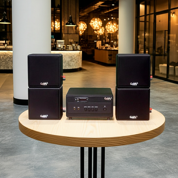 Dàn loa treo tường: Amply A154PU Goldsound 150w + 4 loa Goldsound V23 - 23w, loa được thiết kế riêng cho quán, bật lớn không tạp âm, miễn phí công lắp đặt, bảo hành dài hạn 5 năm.