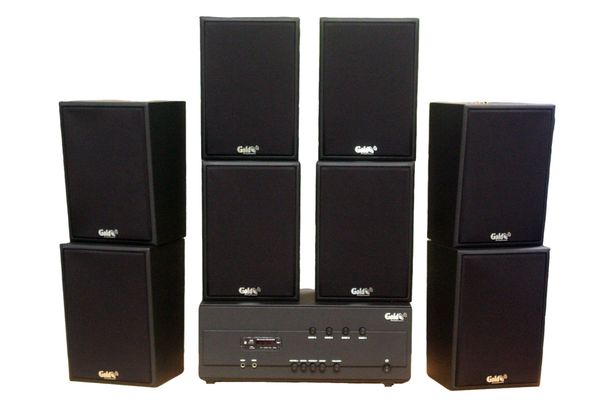 Dàn loa treo tường thông báo phát nhạc nền tự động: Amply A384PU-4K Goldsound 4 vùng âm lượng 800w + 8 loa Goldsound V70C-PU 70w, Amply 4 - 6 vùng âm lượng, loa được thiết kế riêng cho quán, bật lớn không tạp âm
