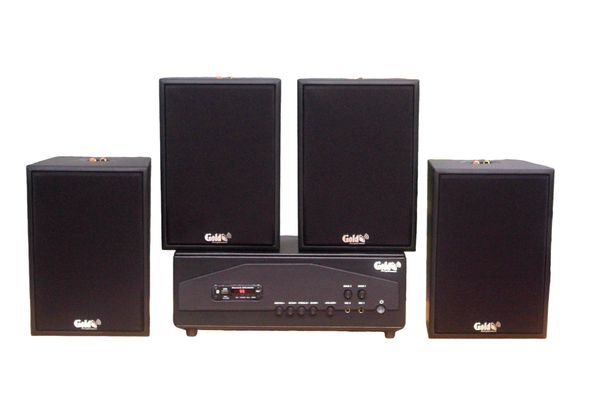 Dàn loa treo tường thông báo phát nhạc nền tự động: Amply A917PU-2K Goldsound 2 vùng âm lượng 1200w + 4 loa Goldsound V70C-PU 70w, loa được thiết kế riêng cho quán, bật lớn không tạp âm