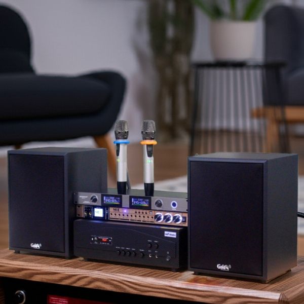 DÀN KARAOKE GOLD120C (AMPLY 1200W + 2 V120+ bộ micro không dây + Vang) - Hàng trưng bày đồng giá cuối năm