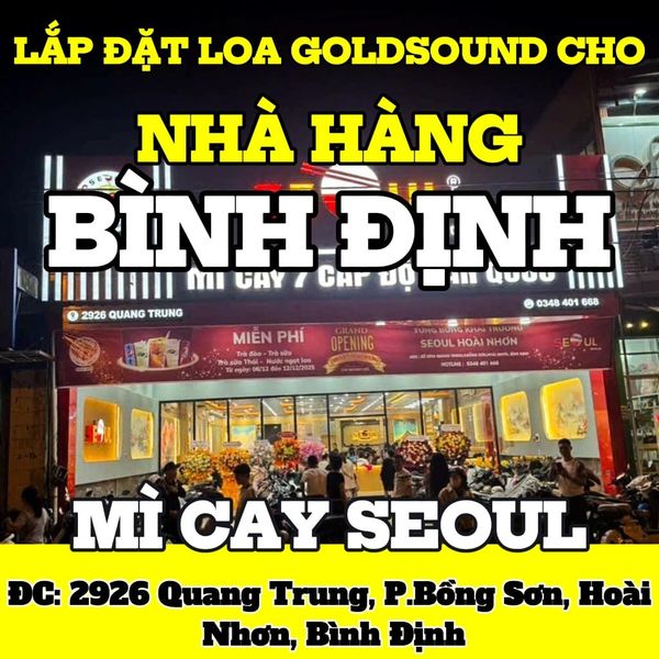 Loa nhà hàng phát nhạc nền tự động cho nhà hàng Mì Cay SEOUL Hoài Nhơn, Bình Định, loa được thiết kế riêng cho quán, bật lớn không tạp âm, miễn phí công lắp đặt, bảo hành dài hạn 5 năm
