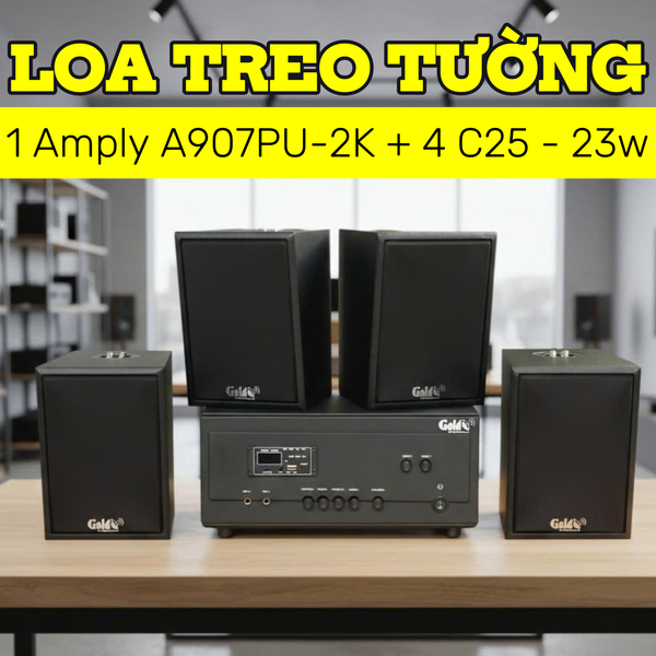 Loa thông báo, loa phát nhạc nền tự động A907PU-2K Goldsound 2 vùng âm lượng 900w + 4 loa Goldsound C25 màu đen, loa được thiết kế riêng cho quán, bật lớn không tạp âm, miễn phí công lắp đặt, bảo hành dài hạn 5 năm.