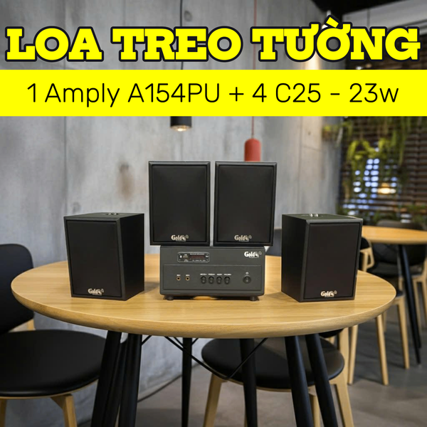 Dàn loa thông báo, loa phát nhạc nền tự động A154PU Goldsound 150w + 4 loa Goldsound C25 màu đen - 23w, loa được thiết kế riêng cho quán, bật lớn không tạp âm, miễn phí công lắp đặt, bảo hành dài hạn 5 năm.