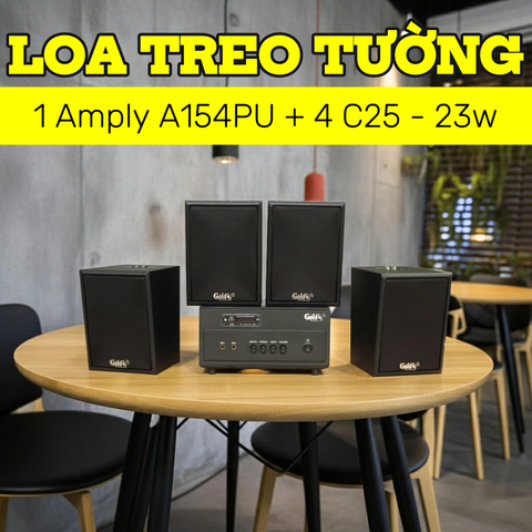 Dàn loa thông báo, loa phát nhạc nền tự động A154PU Goldsound 150w + 4 loa Goldsound C25 màu đen - 23w, loa được thiết kế riêng cho quán, bật lớn không tạp âm, miễn phí công lắp đặt, bảo hành dài hạn 5 năm.