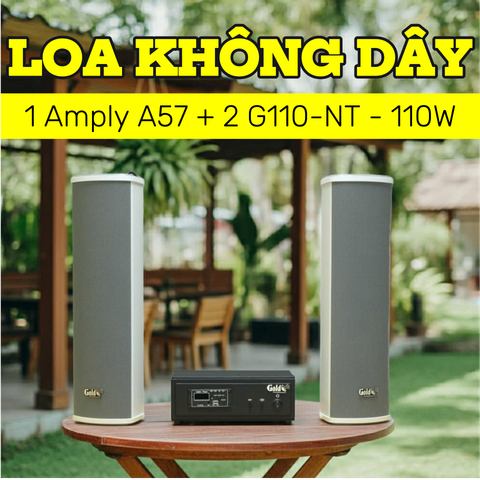 Loa sân vườn không dây: 01 amply A57 Goldsound + 2 loa cột chống nước sân vườn không dây G110-NT UHF Goldsound
