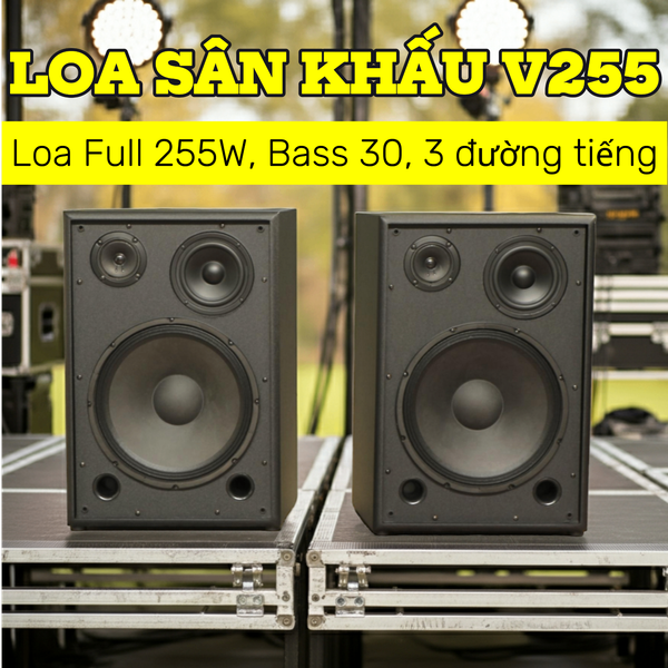 Loa sân khấu V255 (số lượng 1 loa): công suất 255w, loa bass 30 cm, loa mid 14.5 cm, treble 10 cm, kích thước rộng 38 cm, cao 57 cm, sâu 32 cm, bảo hành dài hạn 5 năm.