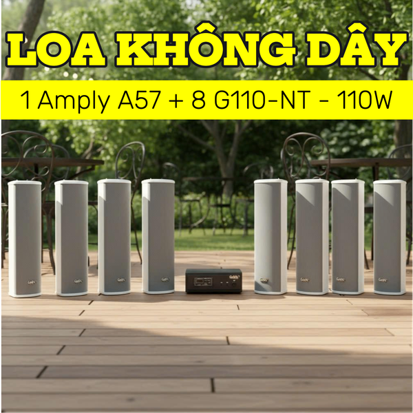 Loa sân vườn không dây: 01 amply A57 Goldsound + 8 loa cột chống nước sân vườn không dây G110-NT UHF Goldsound
