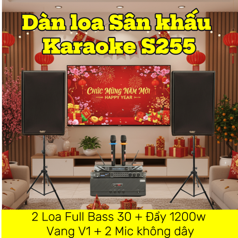 Dàn loa Karaoke sân khấu, gia đình S255 (2 loa Full Bass 30 + 1 cục đẩy 1200w + vang V1 + 2 micro không dây M1) - Hàng trưng bày đồng giá cuối năm