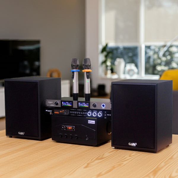 Hàng trưng bày: DÀN KARAOKE GOLD120B (AMPLY 1200W+ 2 V120+ bộ micro không dây + Vang)