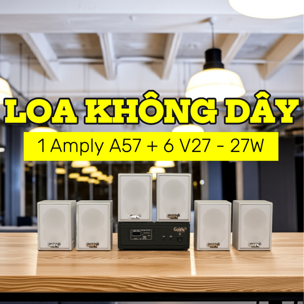 Dàn loa không dây treo tường, Loa thông báo, loa phát nhạc tự động: 01 amply A57 Goldsound + 6 loa không dây Goldsound V27 - 27w