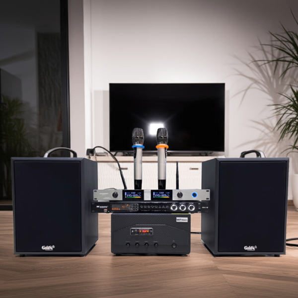 Hàng trưng bày: DÀN KARAOKE GOLD120B (AMPLY 1200W+ 2 V120+ bộ micro không dây + Vang)