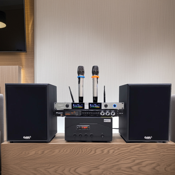 Hàng trưng bày: DÀN KARAOKE GOLD120B (AMPLY 1200W+ 2 V120+ bộ micro không dây + Vang)