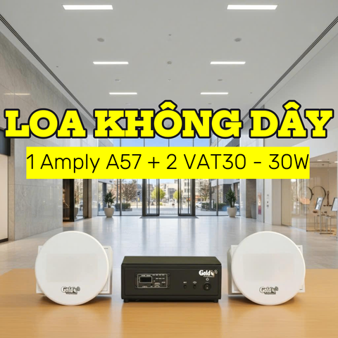 Dàn loa âm trần không dây: 01 amply A57 Goldsound + 2 loa âm trần không dây VAT30 UHF Goldsound, loa được thiết kế riêng cho quán, bật lớn không tạp âm, bảo hành dài hạn 5 năm.