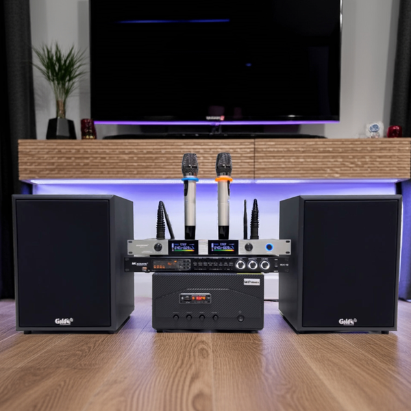 Hàng trưng bày: DÀN KARAOKE GOLD120B (AMPLY 1200W+ 2 V120+ bộ micro không dây + Vang)