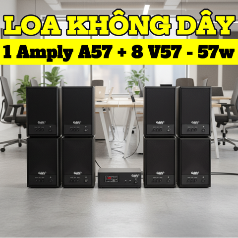 Dàn loa không dây treo tường Loa thông báo, loa phát nhạc tự động : 01 amply A57 Goldsound + 8 loa không dây Goldsound V57 - 57w