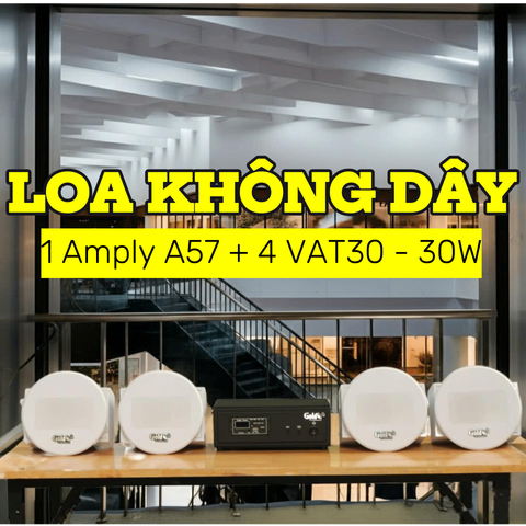 Loa âm trần không dây: 01 amply A57 Goldsound + 4 loa âm trần không dây VAT30 UHF Goldsound, loa được thiết kế riêng cho quán, bật lớn không tạp âm, bảo hành dài hạn 5 năm.