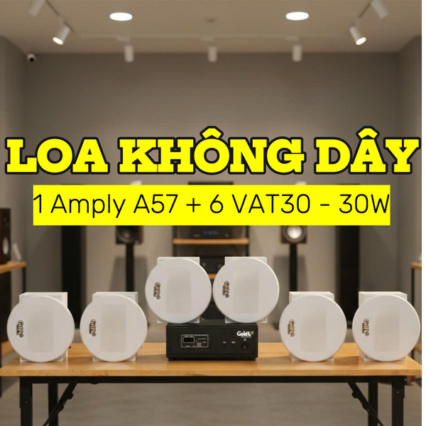 Dàn loa âm trần không dây: 01 amply A57 Goldsound + 6 loa âm trần không dây VAT30 UHF Goldsound, loa được thiết kế riêng cho quán, bật lớn không tạp âm, bảo hành dài hạn 5 năm.