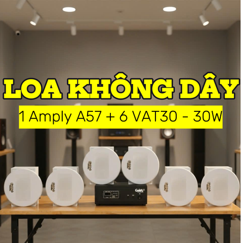 Dàn loa âm trần không dây: 01 amply A57 Goldsound + 6 loa âm trần không dây VAT30 UHF Goldsound, loa được thiết kế riêng cho quán, bật lớn không tạp âm, bảo hành dài hạn 5 năm.