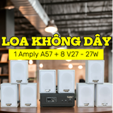 Dàn loa không dây treo tường, Loa thông báo, loa phát nhạc tự động: 01 amply A57 Goldsound + 8 loa không dây Goldsound V27 - 27w