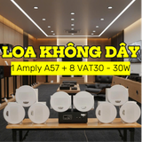 Loa âm trần không dây: 01 amply A57 Goldsound + 8 loa âm trần không dây VAT30 UHF Goldsound, loa được thiết kế riêng cho quán, bật lớn không tạp âm, bảo hành dài hạn 5 năm.