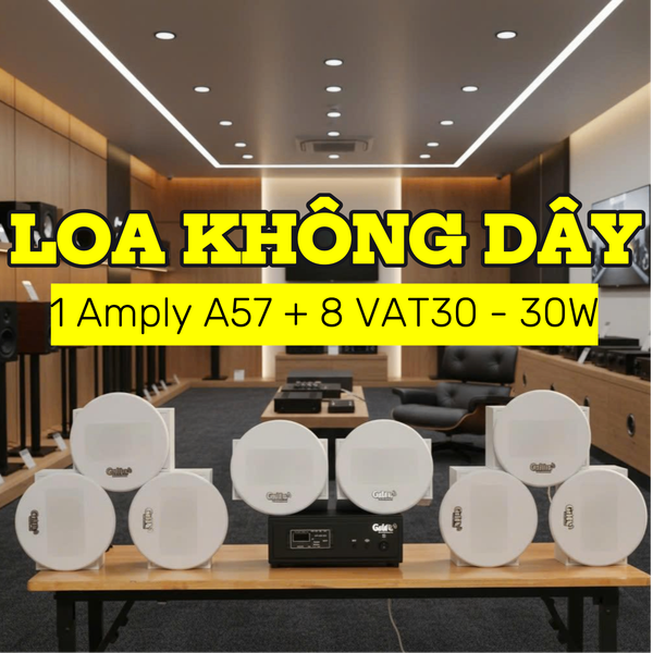 Loa âm trần không dây: 01 amply A57 Goldsound + 8 loa âm trần không dây VAT30 UHF Goldsound, loa được thiết kế riêng cho quán, bật lớn không tạp âm, bảo hành dài hạn 5 năm.