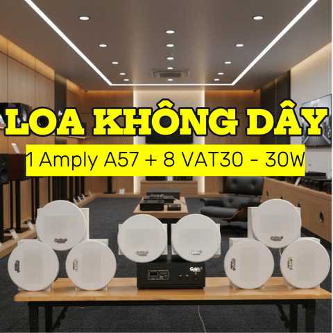 Loa âm trần không dây: 01 amply A57 Goldsound + 8 loa âm trần không dây VAT30 UHF Goldsound, loa được thiết kế riêng cho quán, bật lớn không tạp âm, bảo hành dài hạn 5 năm.