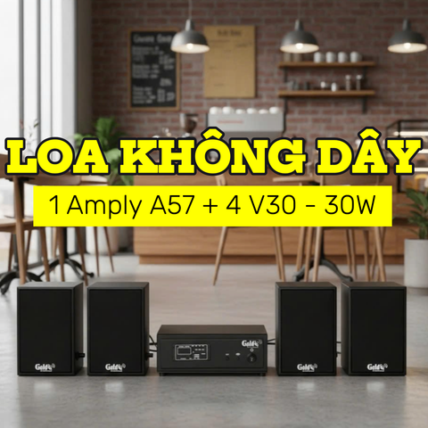 Dàn loa không dây treo tường, Loa thông báo, loa phát nhạc tự động: 01 amply A57 Goldsound + 4 loa không dây Goldsound V30 UHF - 30w