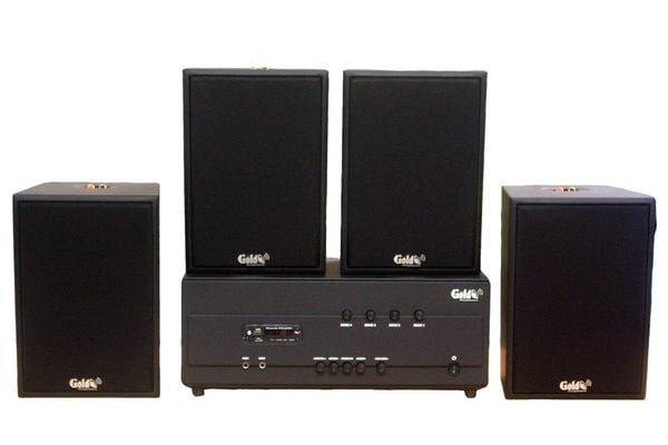 Dàn loa treo tường: Amply A907PU-2K Goldsound 2 vùng âm lượng 900w + 4 loa Goldsound V70C-PU 70w, loa được thiết kế riêng cho quán, bật lớn không tạp âm, miễn phí công lắp đặt, bảo hành dài hạn 5 năm.