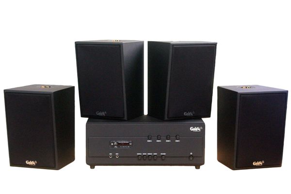 Dàn loa treo tường thông báo phát nhạc nền tự động: Amply A384PU-4K Goldsound 4 vùng âm lượng 800w + 4 loa Goldsound V70C-PU 70w, Amply 4 - 6 vùng âm lượng, loa được thiết kế riêng cho quán, bật lớn không tạp âm