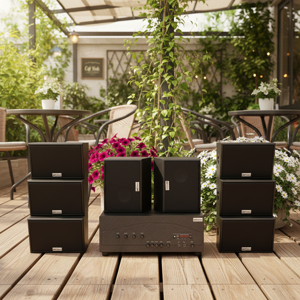 Dàn loa sân vườn: 1 Amply Goldsound A917 - 4K, 4 vùng 1500w + 8 loa vệ tinh Goldsound ngoài trời V40NT 40w, loa được thiết kế riêng cho quán, bật lớn không tạp âm, miễn phí công lắp đặt, bảo hành 12 tháng.