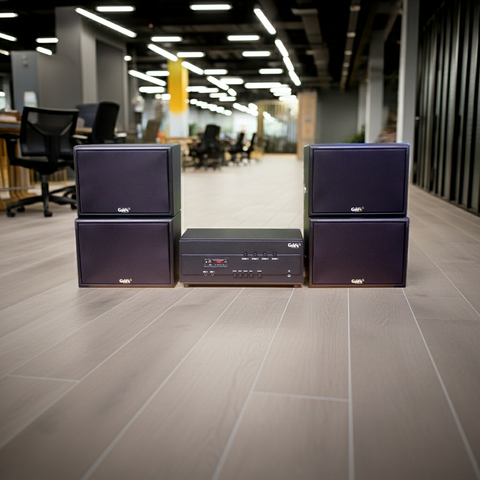 Dàn loa treo tường: Amply A384PU - 4K + 4 V130PU, Amply 4 vùng âm lượng, loa được thiết kế riêng, bật lớn không tạp âm, miễn phí công lắp đặt, bảo hành dài hạn 5 năm.